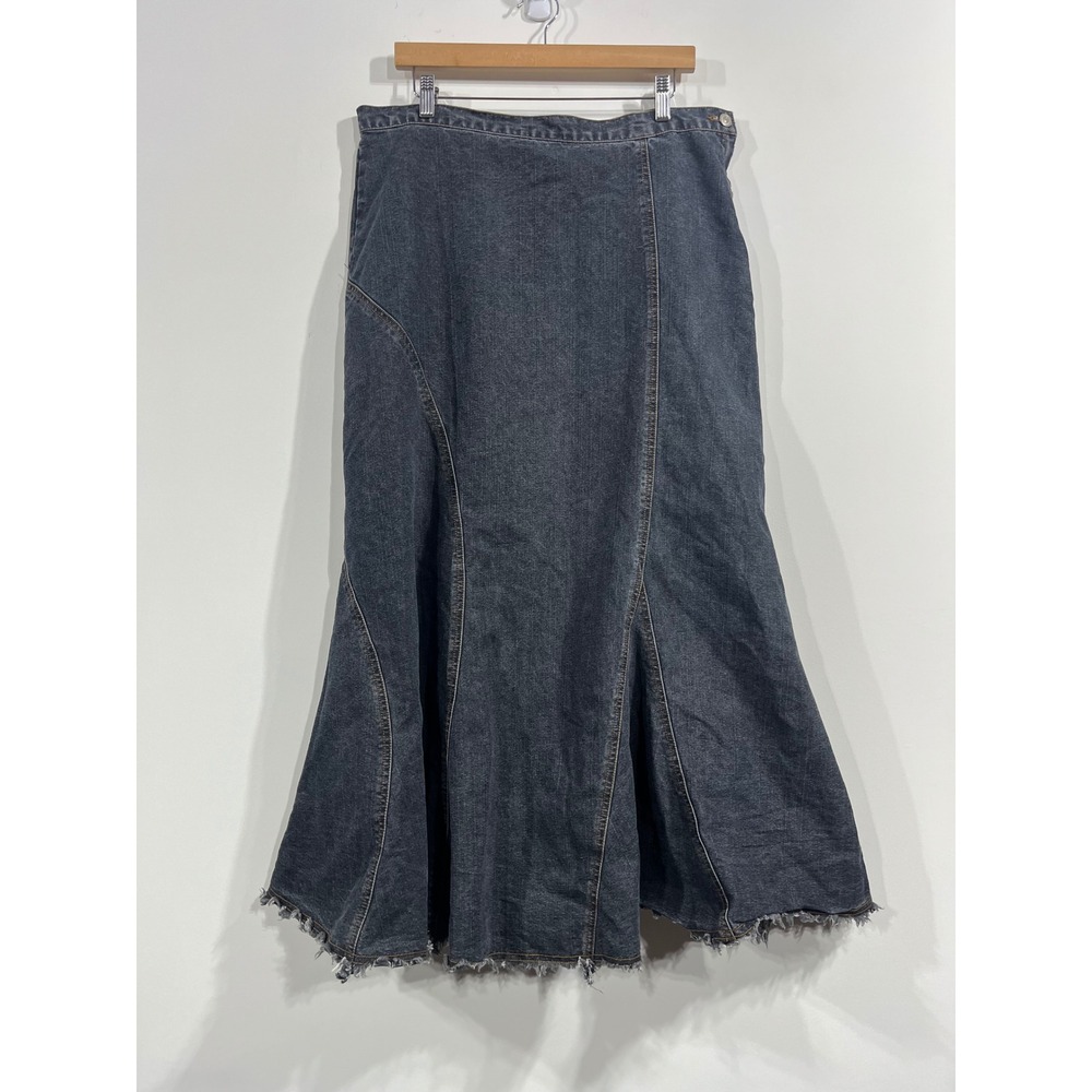 Vintage Y2K Denim Asymmetrical Paneled Maxi Skirt Flared Trumpet Boho Womens 18